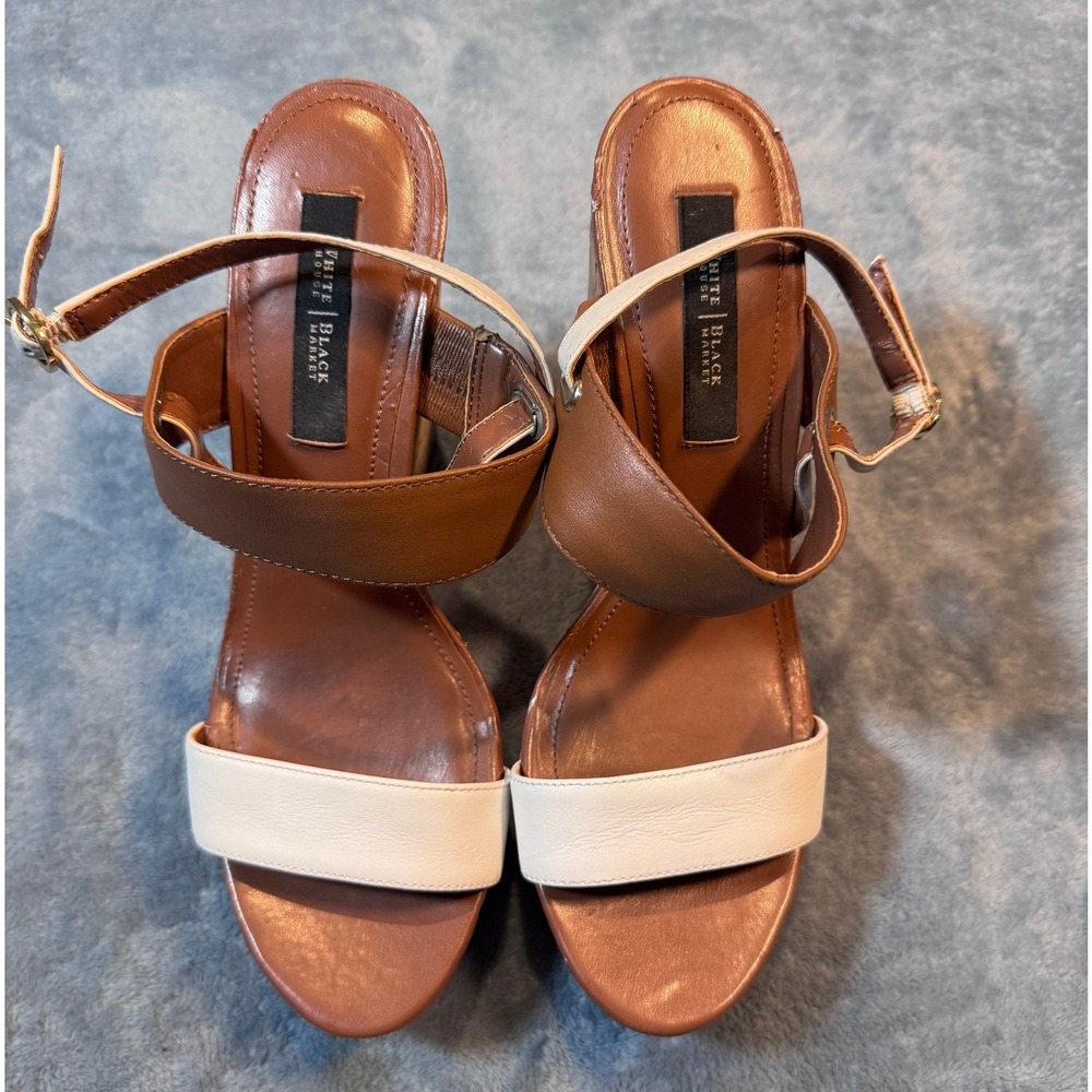White House Black Market Sadie Wedge Sandals 7.5M Brown White Cork Platform